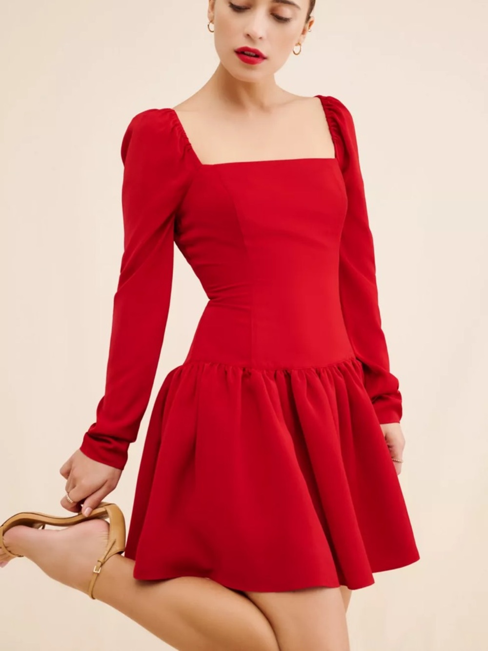 Anthropologie Red Square-Neck Drop Waist Long-Sleeve Mini Dress